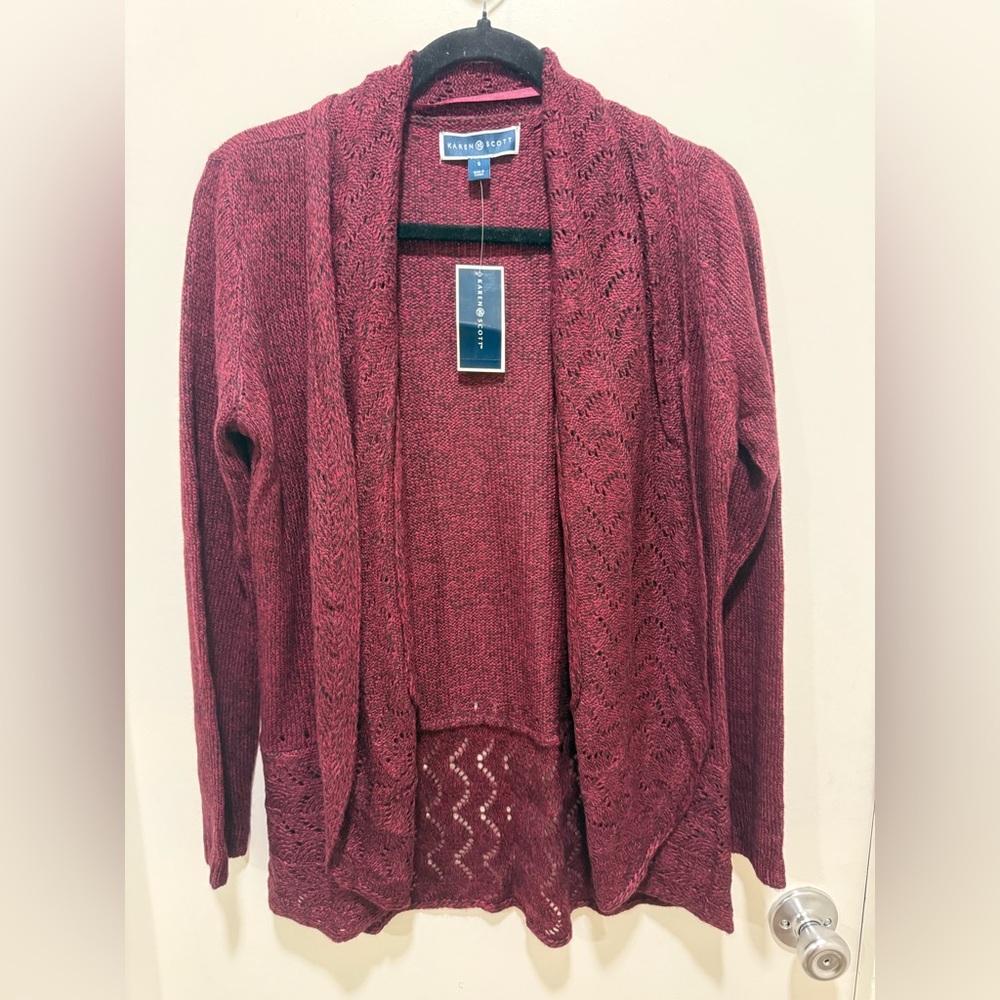 Karen Scott Women's Knit Open Front Cardigan Sweater  Long Sleeve Burgundy Small